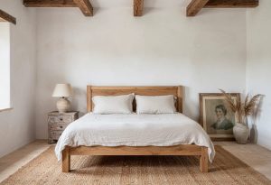 Modern farmhouse bedroom for a rental with a wooden bed, white bedding, exposed ceiling beams, a distressed nightstand and lamp, framed portrait, dried grasses, and a woven rug
