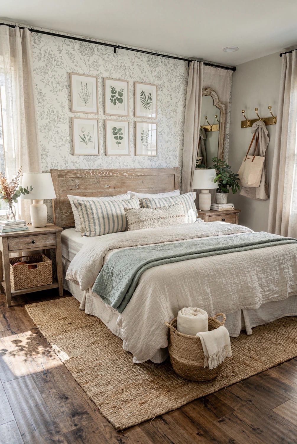 Modern farmhouse bedroom in a rental featuring a weathered wood bed, botanical wallpaper, botanical art, neutral bedding, linen curtains, brass wall hooks, a vintage-style mirror, bedside tables, and woven rugs and baskets
