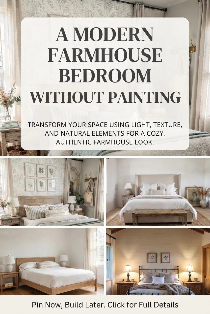 Collage showing several modern farmhouse bedroom designs with neutral bedding, wood furniture, patterned wallpaper, framed botanical art, lamps, and natural textures, presented as ideas for a farmhouse bedroom for a rental