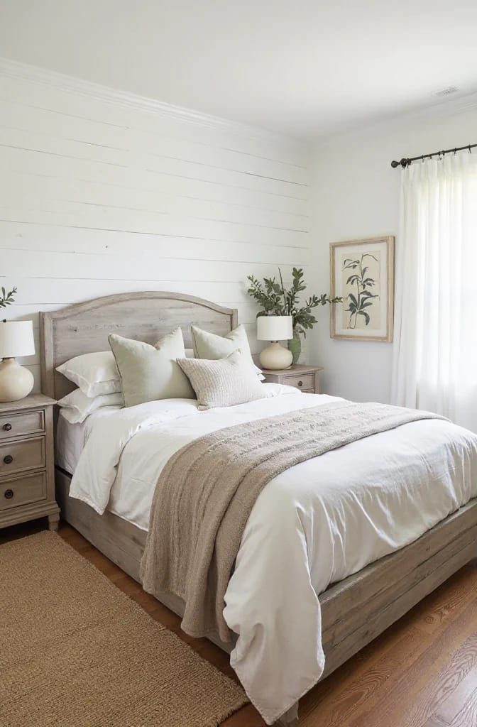 Modern farmhouse bedroom featuring a weathered wood bed with white bedding, layered neutral pillows, and a textured beige throw against a white shiplap wall; matching nightstands, lamps, greenery, framed botanical art, and sheer curtains complete the room.