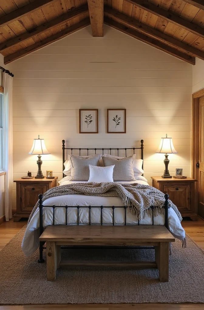 Modern farmhouse bedroom with a black metal bed, white shiplap walls, exposed wood ceiling beams, two bedside lamps, framed botanical prints, layered bedding, and a wooden bench.