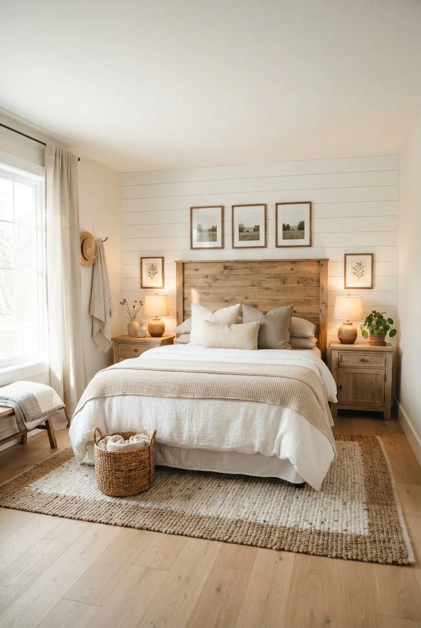 Modern farmhouse bedroom with a wooden headboard, white shiplap wall, neutral bedding, two bedside table lamps, framed artwork, a window with curtains, and a woven rug