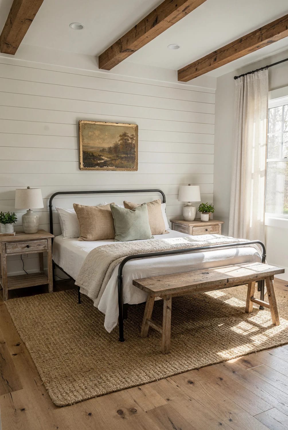 Modern farmhouse bedroom with white horizontal wall paneling, a black metal bed, neutral bedding and pillows, wooden nightstands, exposed wood ceiling beams, a landscape painting, woven rug, and sunlit window