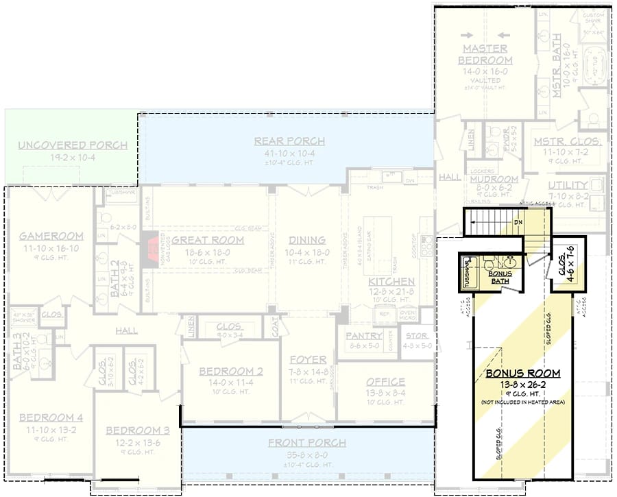 Floor plan highlighting the bonus room and bonus bath above the main level of a 4-bedroom modern farmhouse house plan, with the game room, great room, kitchen, bedrooms, porches, and other labeled spaces visible.