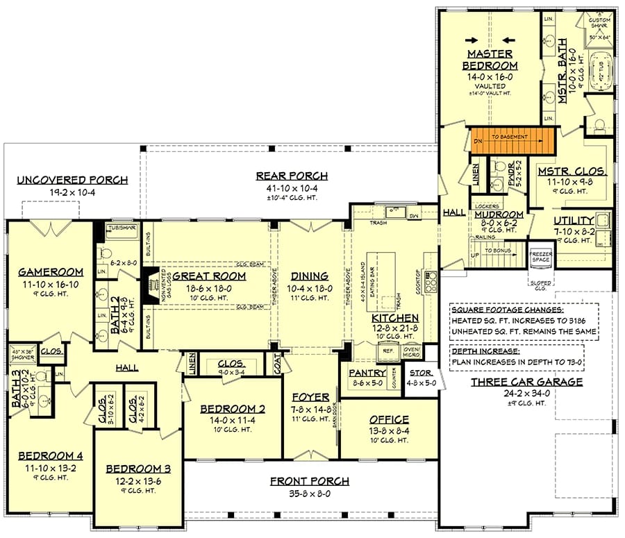 Labeled first-floor plan for a 4-bedroom modern farmhouse showing the master suite, three additional bedrooms, game room, great room, kitchen, dining area, office, bonus room access, porches, and three-car garage.