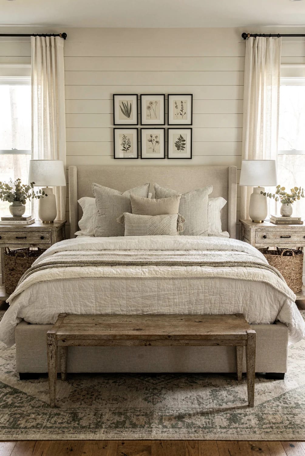 Modern farmhouse rental bedroom with a textured upholstered bed, layered neutral pillows and bedding, wooden bench, matching nightstands, lamps, botanical artwork, woven baskets, and windows with white curtains