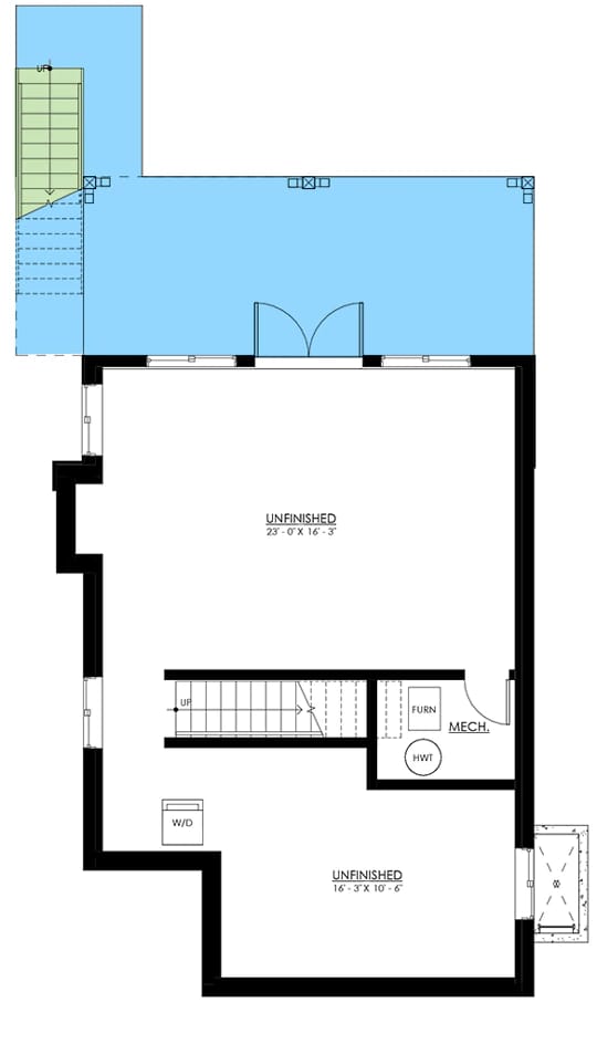 Mountain Cottage House Plan Basement Layout Basement floor plan for a mountain cottage house plan, showing two unfinished areas, a staircase, mechanical room, furnace, water heater, washer and dryer, exterior stairs, and deck access.