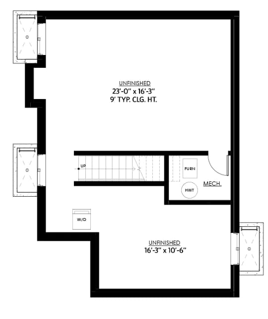 Mountain Cottage Loft Floor Plan Upper-level floor plan for a mountain cottage showing two unfinished spaces, a staircase, mechanical room, furnace, water heater, washer and dryer, and exterior balconies.