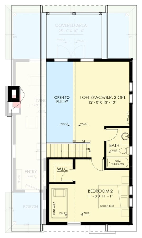 Mountain Cottage Loft Floor Plan Upper-level floor plan for a mountain cottage showing a loft space open to below, bedroom 2, bathroom, walk-in closet, bunk area, stairs, and vaulted spaces