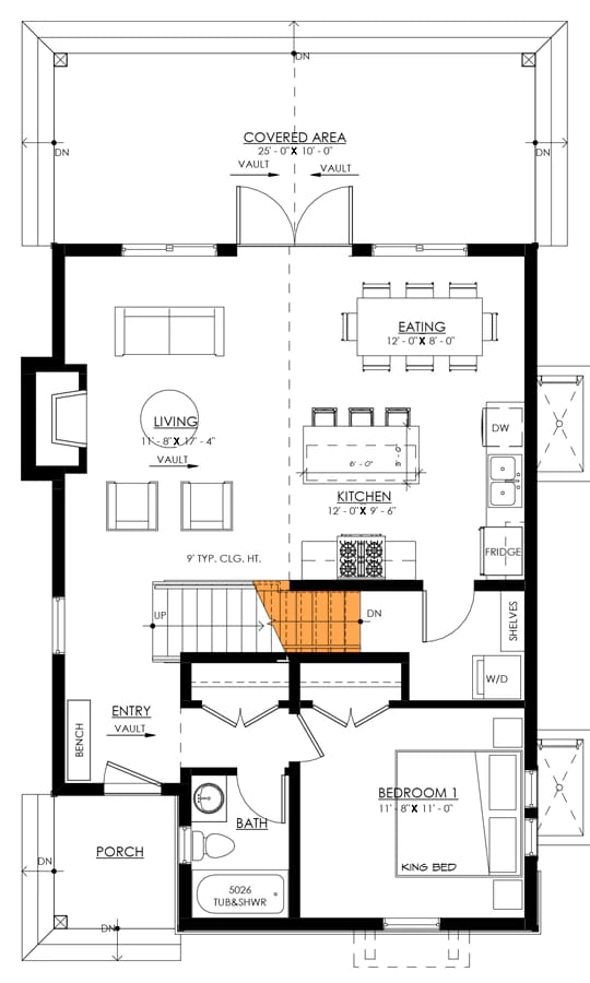 Mountain Cottage Two-Story Great Room Floor Plan First-floor plan for a 2-bedroom mountain cottage showing a vaulted living area, eating area, kitchen, entry, porch, bathroom, Bedroom 1, and a stairway leading to the loft.