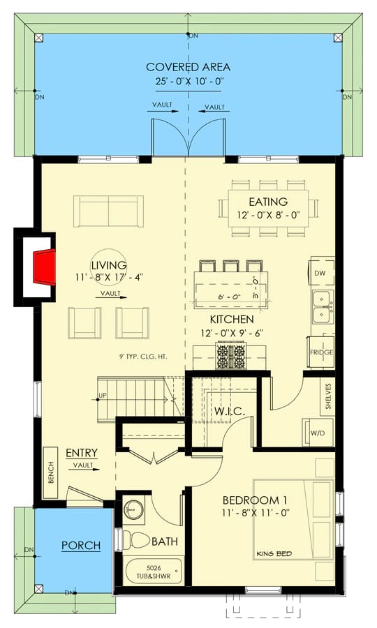 Mountain Cottage Two-Story Great Room Floor Plan First-floor plan for a mountain cottage showing a covered area, porch, vaulted living room, dining area, kitchen, entry, bathroom, laundry, walk-in closet, stairs, and Bedroom 1.