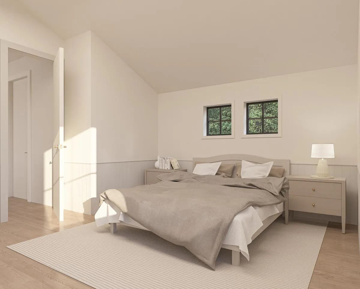 Neutral bedroom with paneled white walls, black-framed windows, a centered bed, and matching nightstands Neutral bedroom with paneled white walls, black-framed windows, a centered bed, and matching nightstands