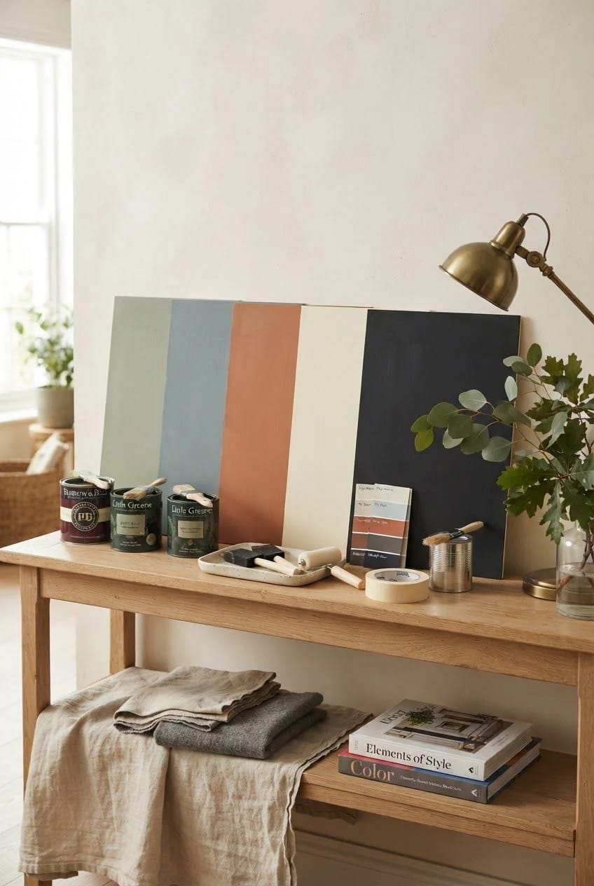 Paint Boards For Testing Paint Colors Several large boards painted in different colors lean against a wall above a wooden console table, alongside paint cans, brushes, a paint tray, masking tape, and a lamp for testing paint colors before buying