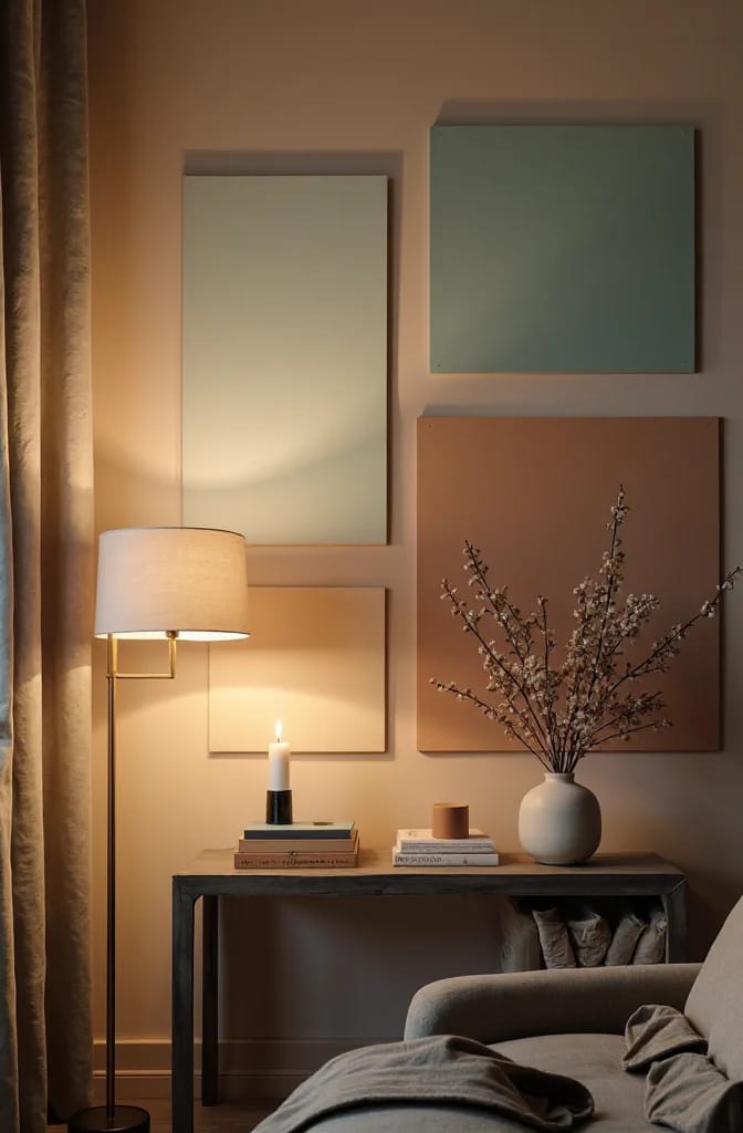 Paint Color Samples After Dark Dimly lit room showing several paint color samples mounted on a wall, illuminated by a table lamp and candle for evaluating paint colors after dark