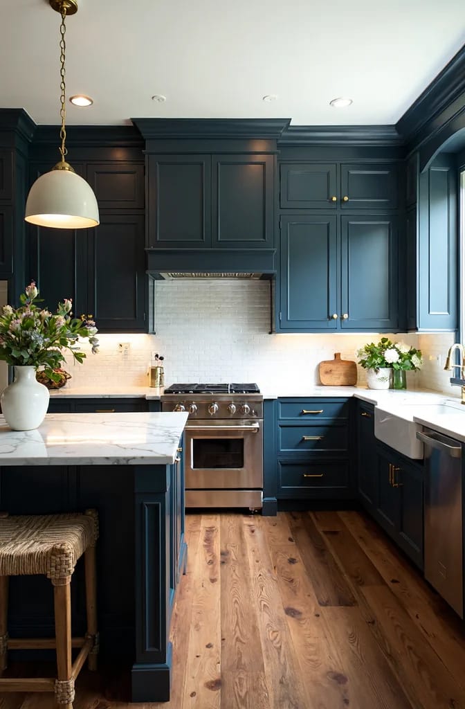 Paint Colors For Dark Wood Kitchen Cabinets Kitchen with deep blue-black paneled cabinets, dark trim, white countertops and backsplash, stainless steel range, and warm wood flooring illustrating paint colors for dark cabinets