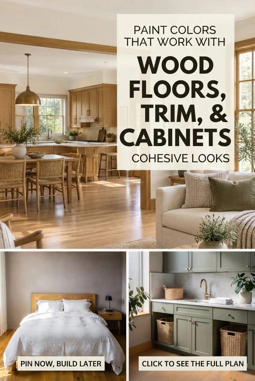Paint Colors For Wood Floors Trim And Cabinets Collage showing a warm wood kitchen and living area with a text overlay about paint colors for wood floors, trim, and cabinets, plus a bedroom and muted green cabinet bathroom below