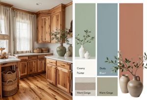 Kitchen with warm wood cabinets and floors beside paint color swatches in soft green, blue, terracotta, cream, and warm greige for coordinating wood floors, trim, and cabinets