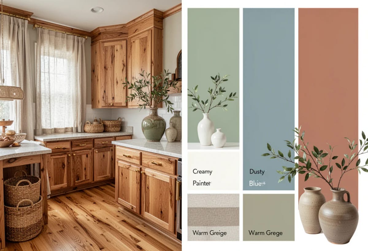 Paint Colors That Work With Wood Floors, Trim, and Cabinets 1 Kitchen with warm wood cabinets and floors beside paint color swatches in soft green, blue, terracotta, cream, and warm greige for coordinating wood floors, trim, and cabinets