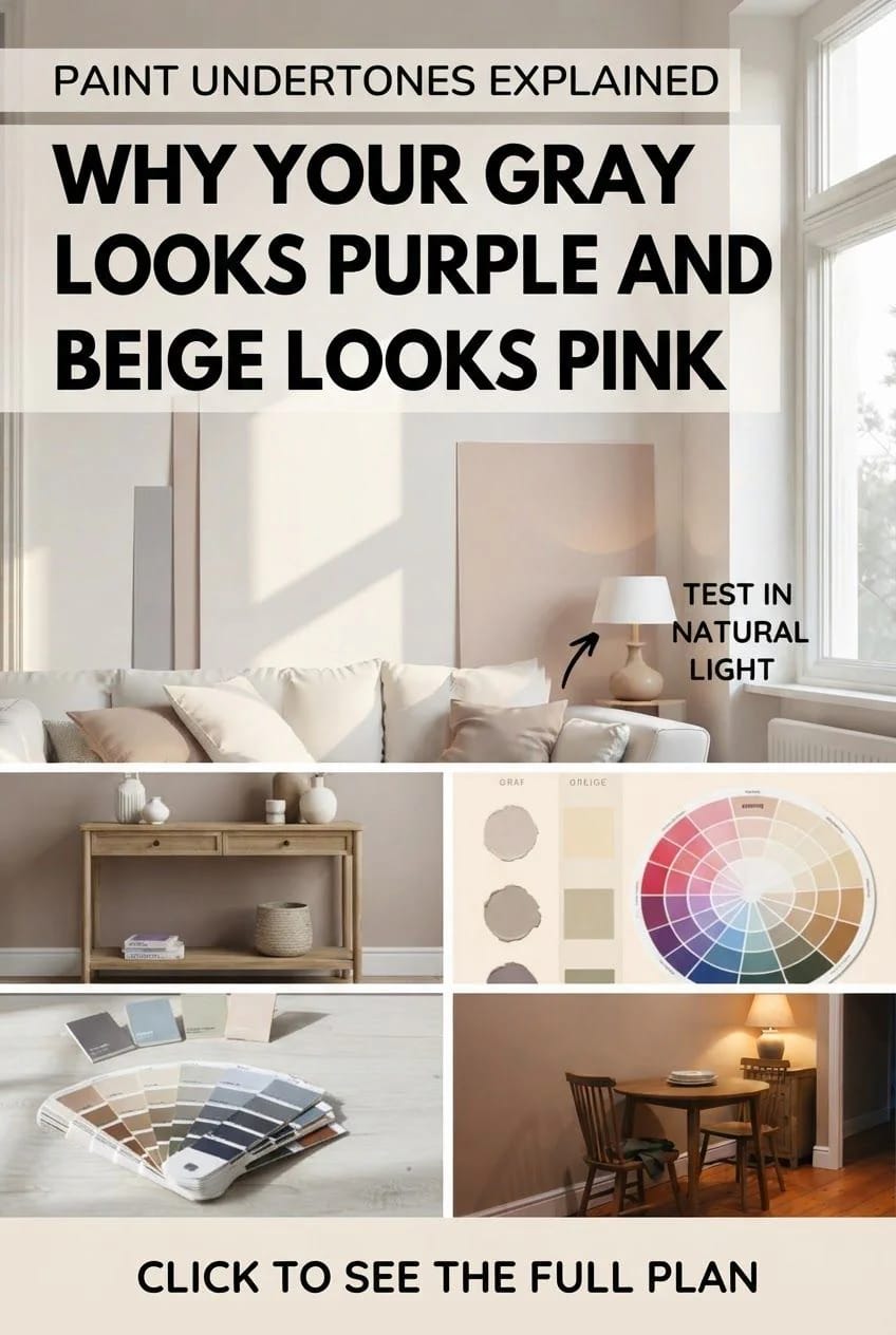 Graphic about paint undertones explained, showing a bright neutral living room with text about gray looking purple and beige looking pink, plus paint swatches, a color wheel, and rooms viewed in different lighting