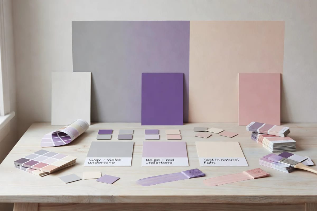 Paint color samples and swatches arranged on a table beneath gray-purple and beige-pink wall panels, illustrating paint undertones explained.