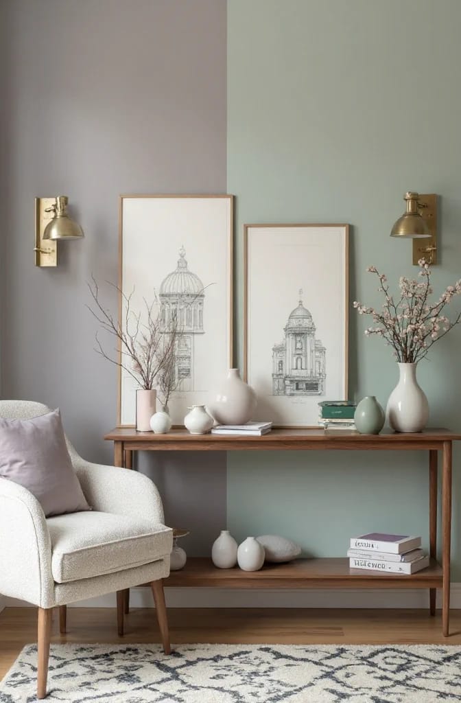 Interior showing adjacent gray and muted green walls, framed architectural prints, brass wall sconces, a wooden console table with vases and books, and a light upholstered chair, illustrating paint undertones.