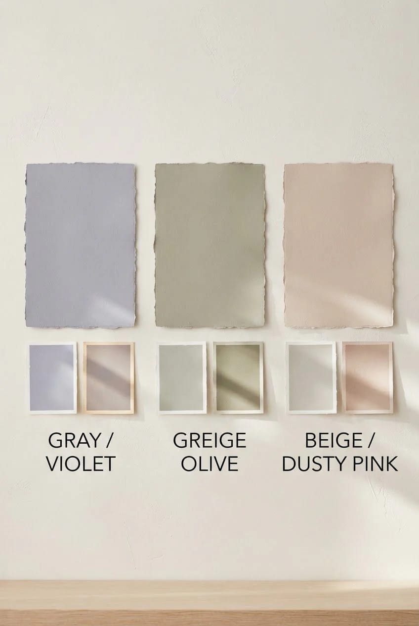 Three large paint swatches with smaller comparison cards beneath them, labeled Gray/Violet, Greige/Olive, and Beige/Dusty Pink, illustrating paint undertones.