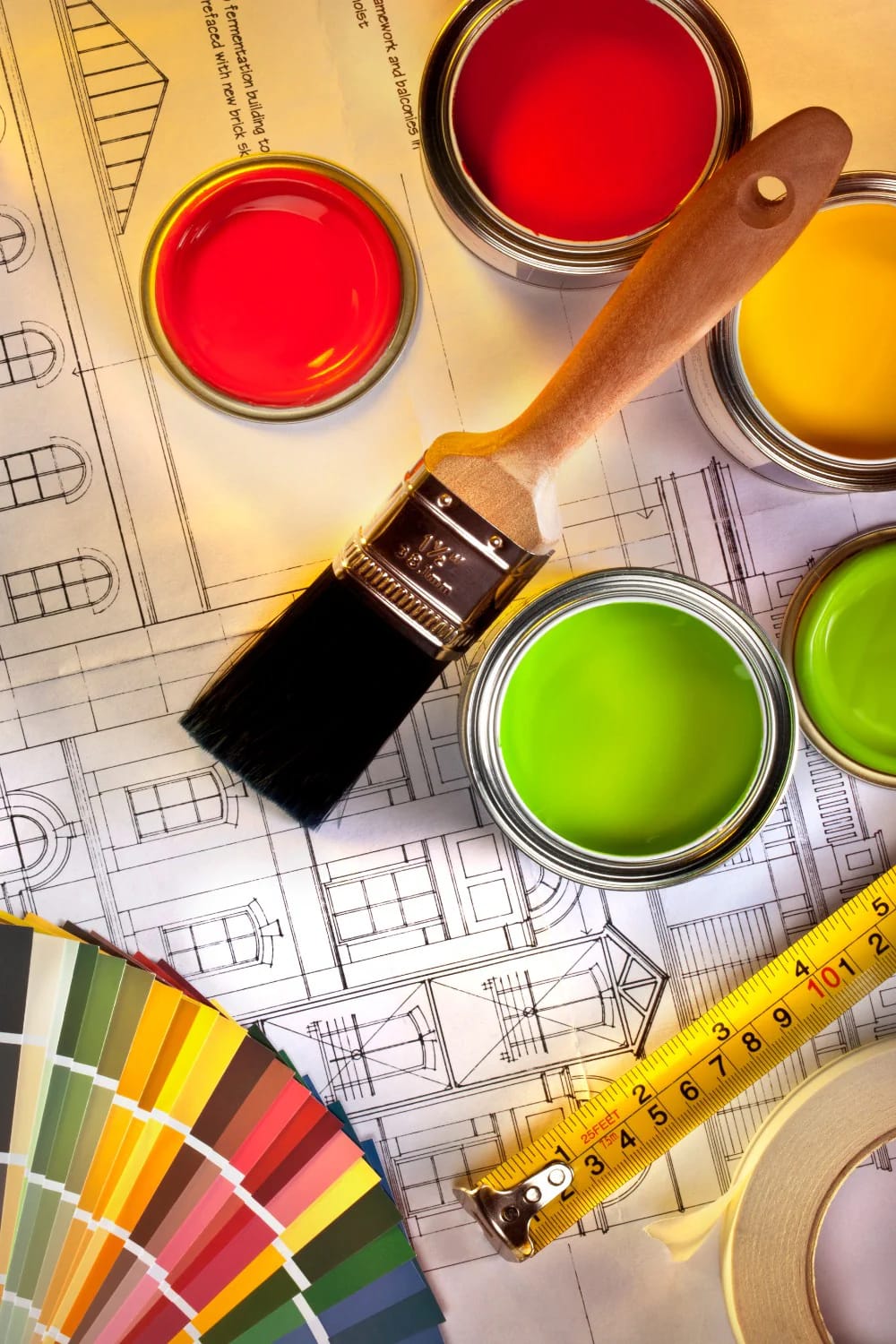 Open cans of red, yellow, and green paint surround a paintbrush on architectural plans, with a color swatch fan and measuring tape visible below, illustrating paint undertones and color selection.