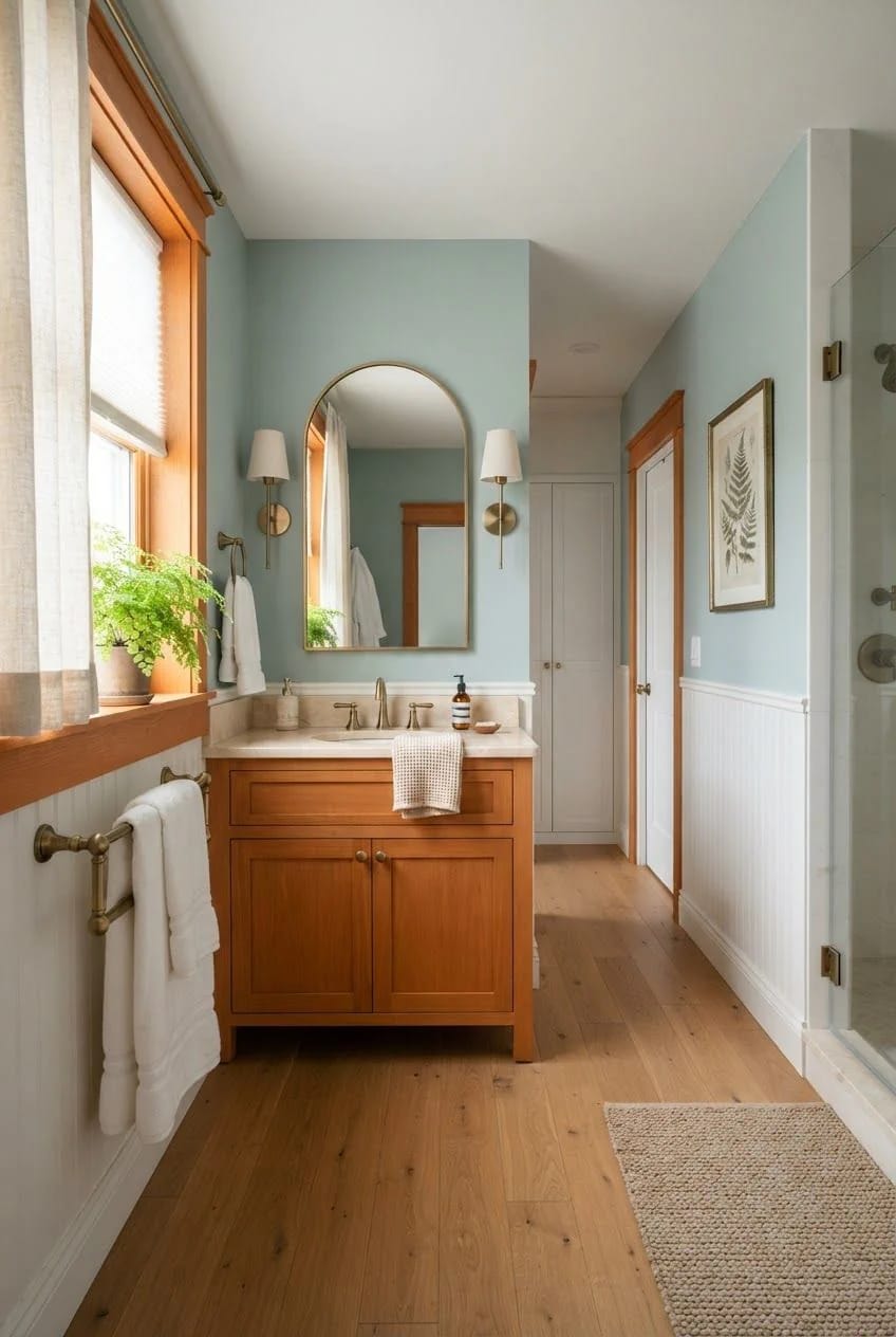 Pale Blue Paint With Warm Wood Floors And Cabinets Bathroom with pale blue walls, warm wood flooring, orange-toned wood trim, and a matching wood vanity, illustrating paint colors that cool orange wood tones