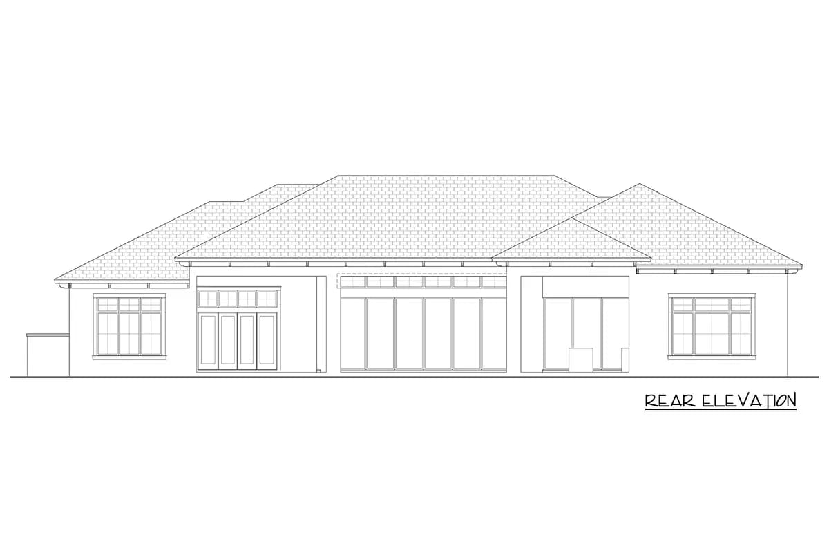 Rear elevation drawing of a single-story home with hipped roofs and extensive rear glazing