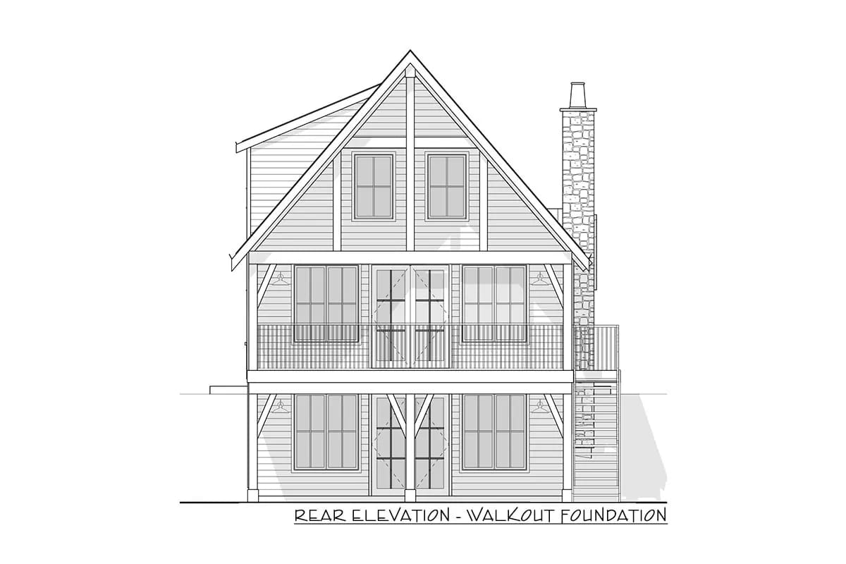 Rear elevation drawing of a three-level gabled home with balcony, stone chimney, and walkout foundation Rear elevation drawing of a three-level gabled home with balcony, stone chimney, and walkout foundation