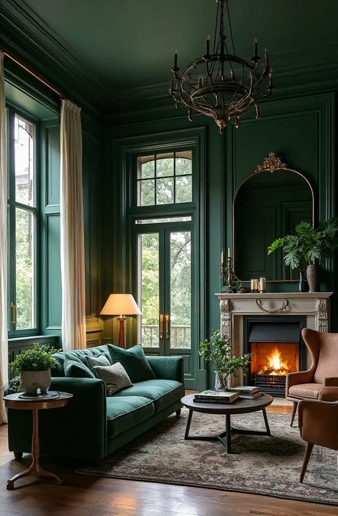 Elegant living room with dark green paneled walls and ceiling, tall windows with cream curtains, a velvet green sofa, armchair, fireplace, ornate mirror, chandelier, coffee table, plants, and patterned rug.