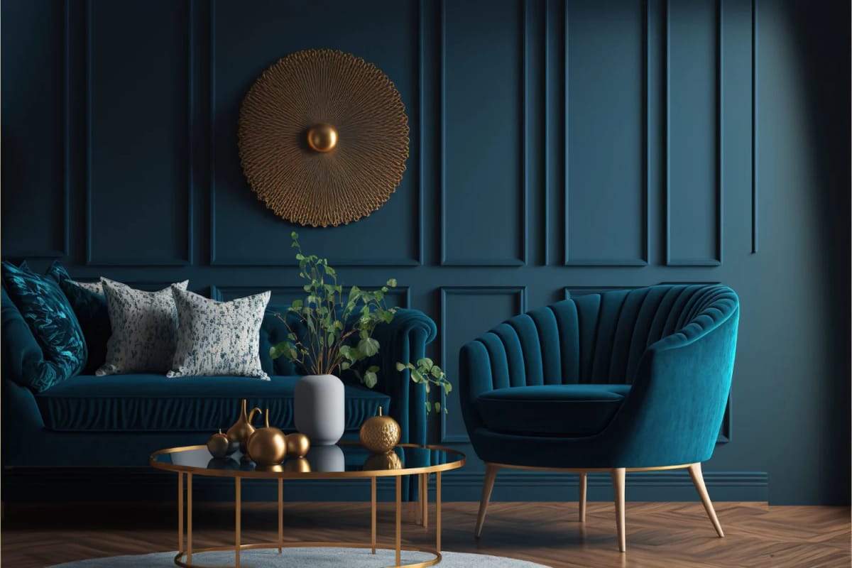 Elegant living room with deep blue paneled walls, a matching sofa and armchair, patterned cushions, a round gold coffee table, a white vase with greenery, and a circular wall accent, illustrating rich living room ideas