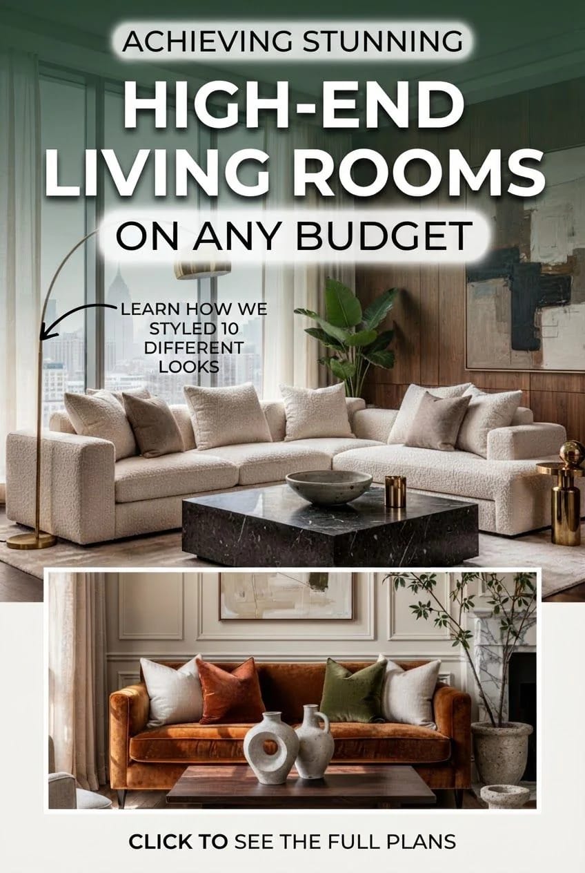 Promotional collage for rich living room ideas showing a cream sectional with pillows, black coffee table, floor lamp, plant, and wall art above a smaller image of a rust-colored sofa with cushions, vases, and a wooden table