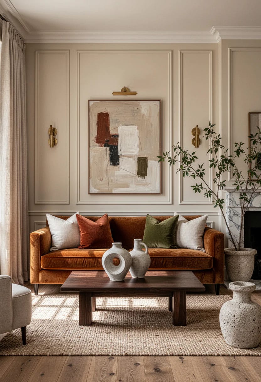 Elegant living room featuring beige paneled walls, crown molding, a framed abstract painting, brass wall sconces, a rust velvet sofa with neutral and green pillows, a dark wood coffee table, ceramic vases, a large textured rug, curtains, and a potted tree