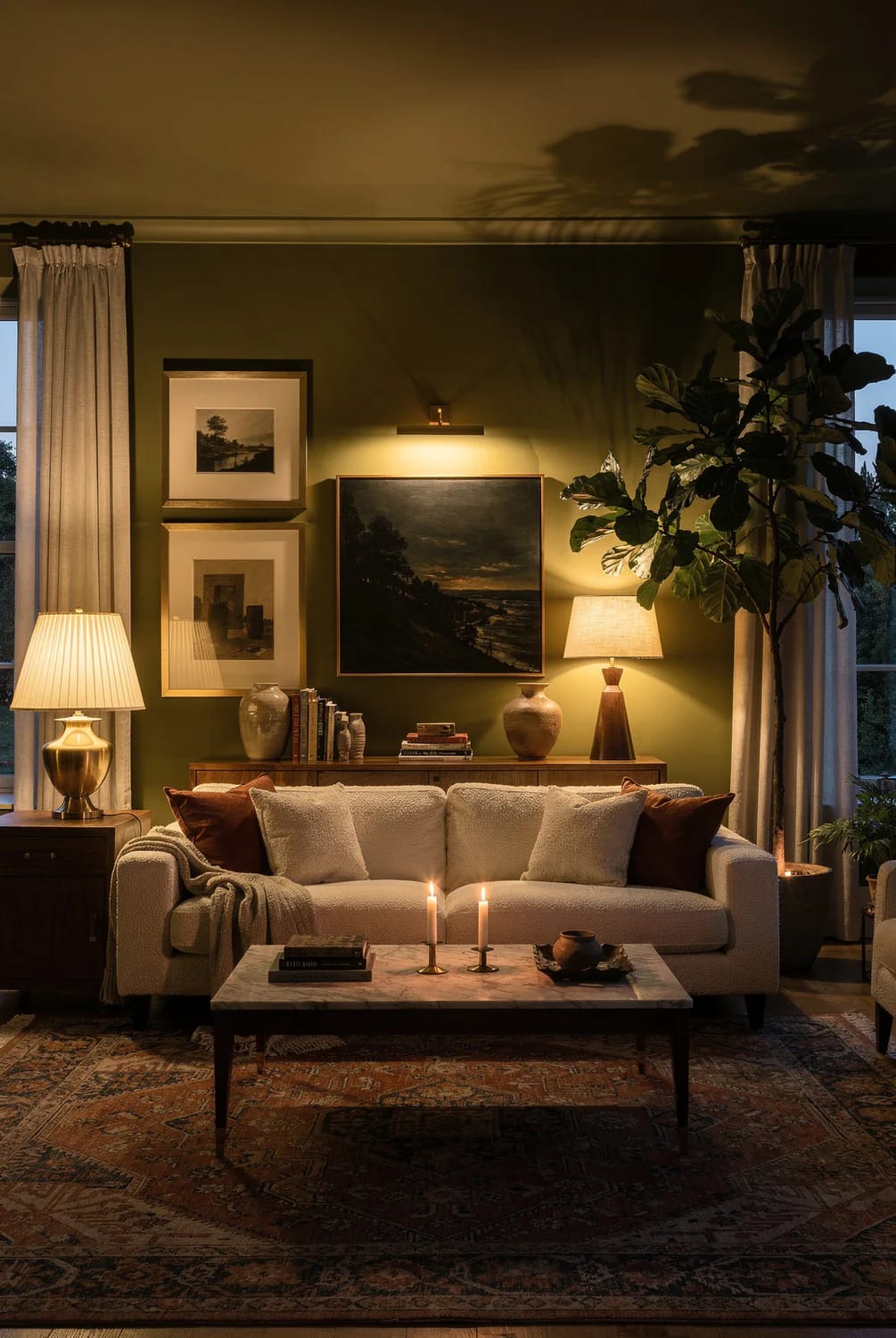 Warmly lit living room with a cream sofa, dark green walls, framed artwork, table lamps, candles, a marble coffee table, patterned rug, and tall leafy plant, illustrating rich living room ideas