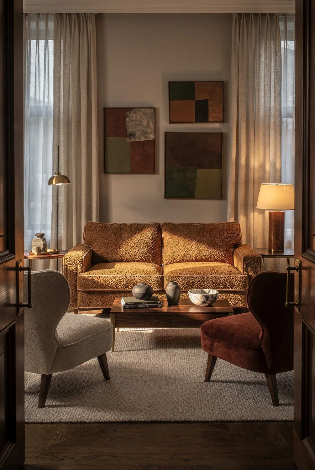 Warm living room with a textured brown sofa, two upholstered armchairs, a wooden coffee table, abstract artwork, floor-to-ceiling curtains, table lamps, and a large area rug, illustrating rich living room ideas with layered materials