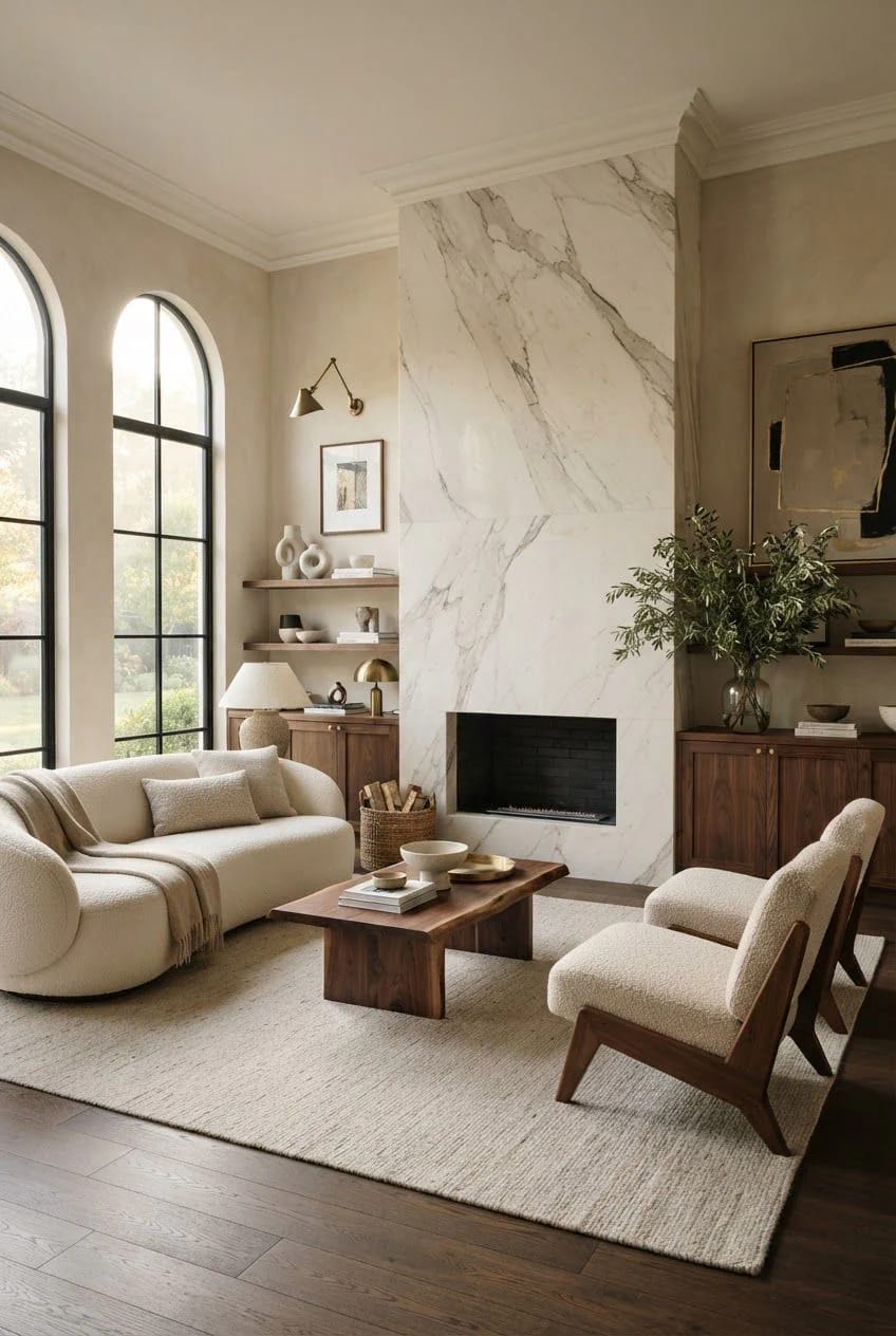 Elegant living room with a large veined marble fireplace, arched black-framed windows, cream seating, a wooden coffee table, built-in shelves, and warm neutral walls illustrating rich living room ideas
