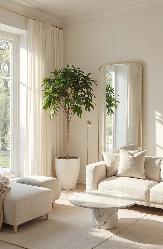 Sunlit living room with cream sofas, a round marble coffee table, floor-to-ceiling curtains, a large gold-framed mirror, and a potted indoor tree