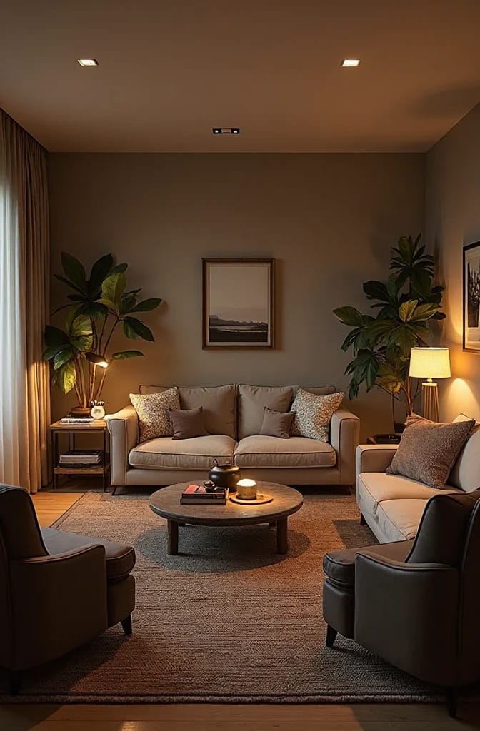 Rich living room with a beige sofa, matching armchairs, a round coffee table, patterned cushions, large potted plants, framed artwork, curtains, and warm ambient lighting.