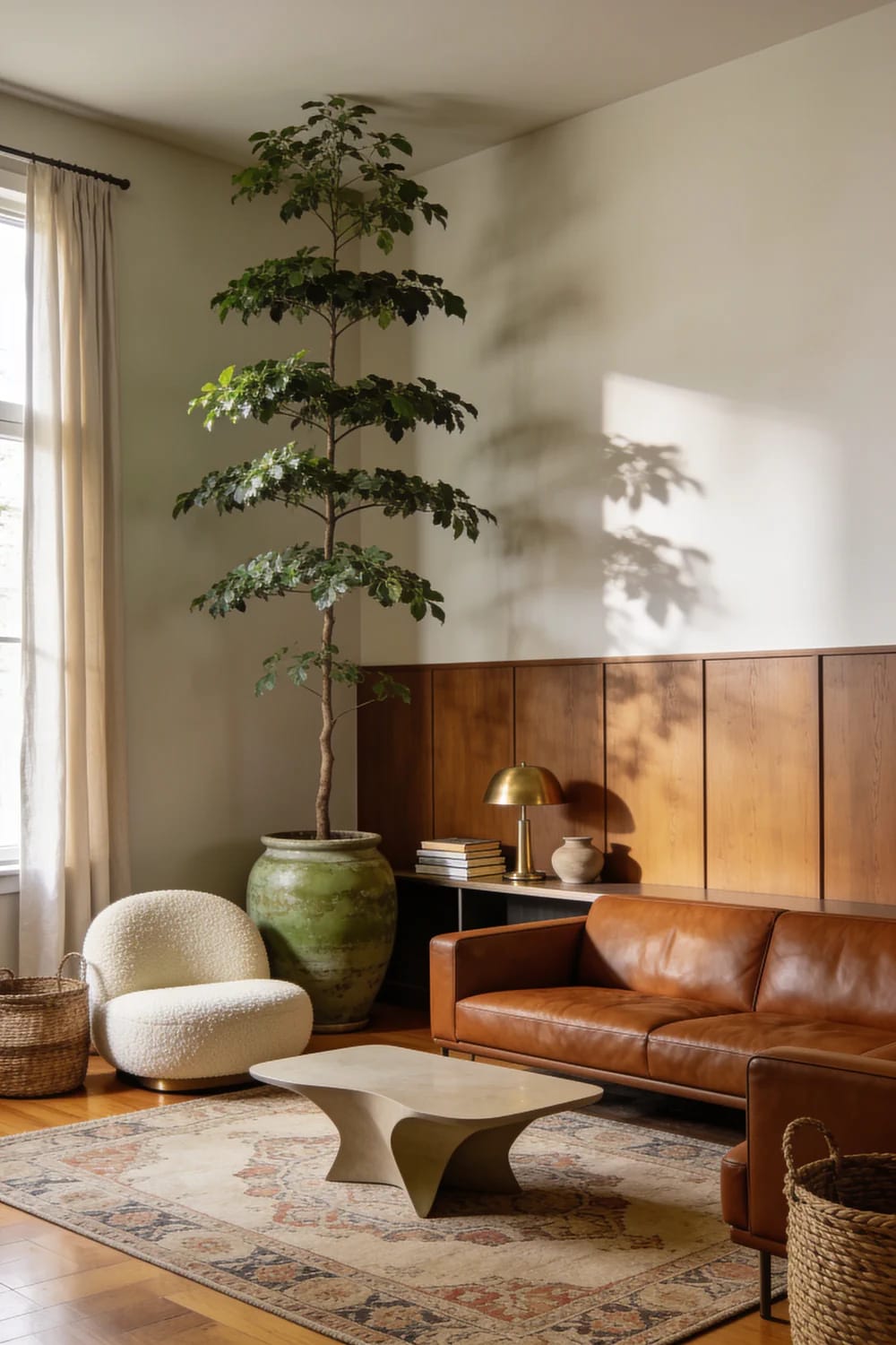 Sunlit living room with a brown leather sofa, sculptural coffee table, patterned rug, cream boucle chair, tall potted tree, brass lamp, and wood-paneled wall, illustrating rich living room ideas