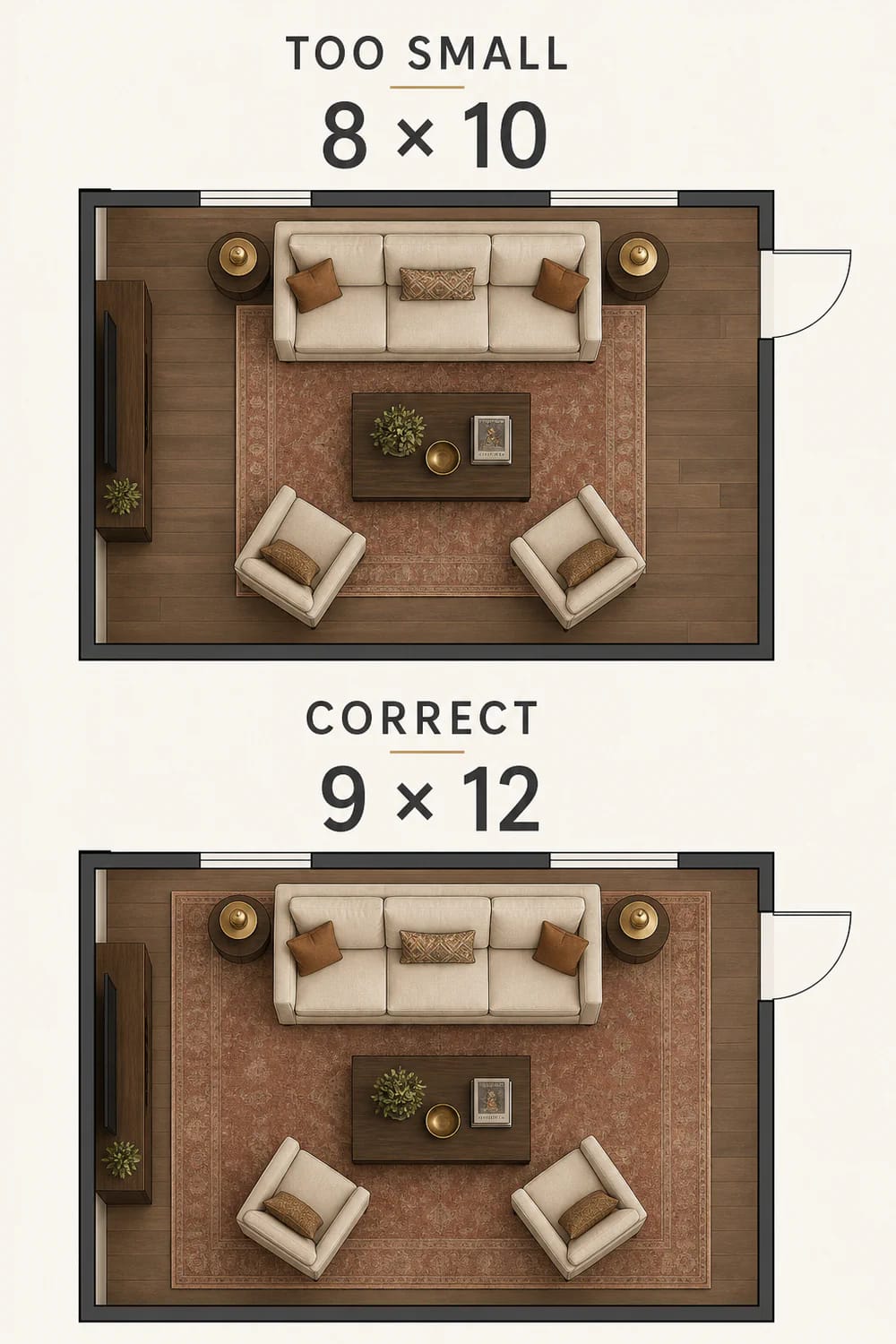 Top-down comparison of a rich living room layout, showing a too-small 8 × 10 rug above and a correctly scaled 9 × 12 rug below, with a sofa, two chairs, coffee table, side tables, and television console.