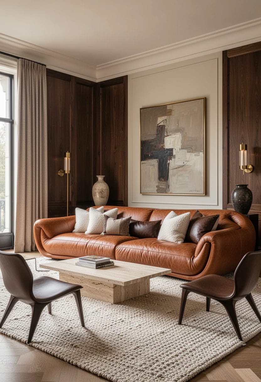 Rich living room featuring a large brown leather sofa, two dark lounge chairs, a rectangular stone coffee table with books, textured area rug, abstract wall art, dark wood paneling, and floor-length curtains