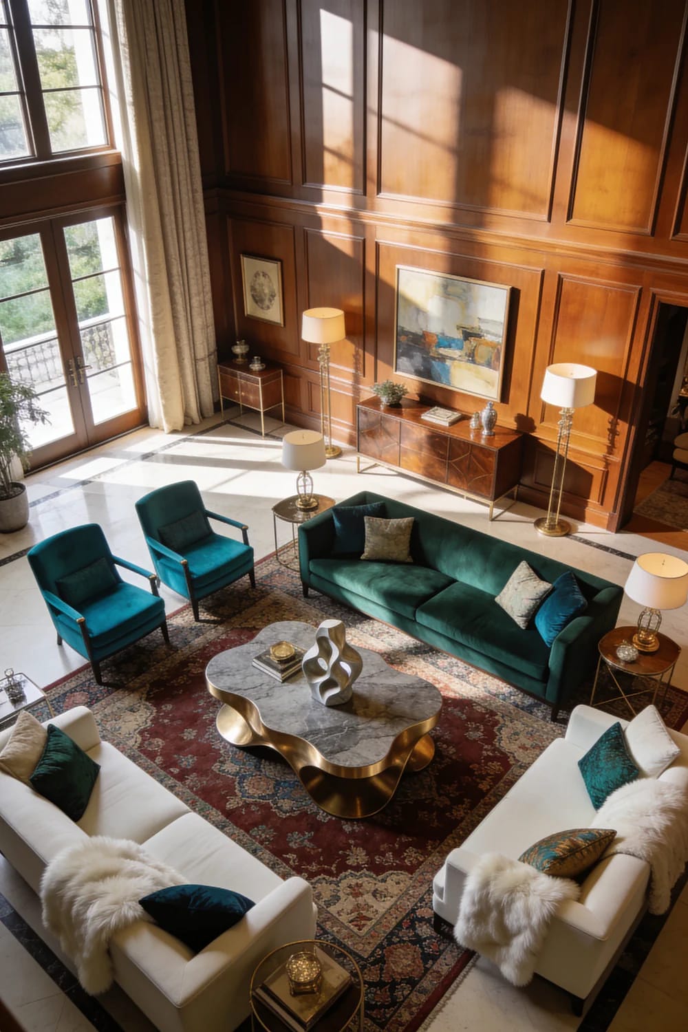 Rich living room with wood-paneled walls, tall windows, emerald velvet sofa and armchairs, white lounge chairs, patterned rug, sculptural coffee table, lamps, and framed artwork