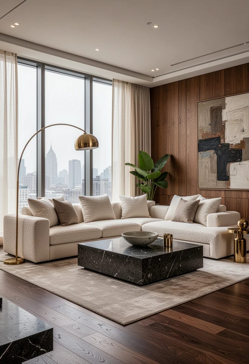Elegant rich living room with a large cream sectional, black marble coffee table, wood-paneled wall, abstract artwork, floor lamp, potted plant, and city views through tall windows
