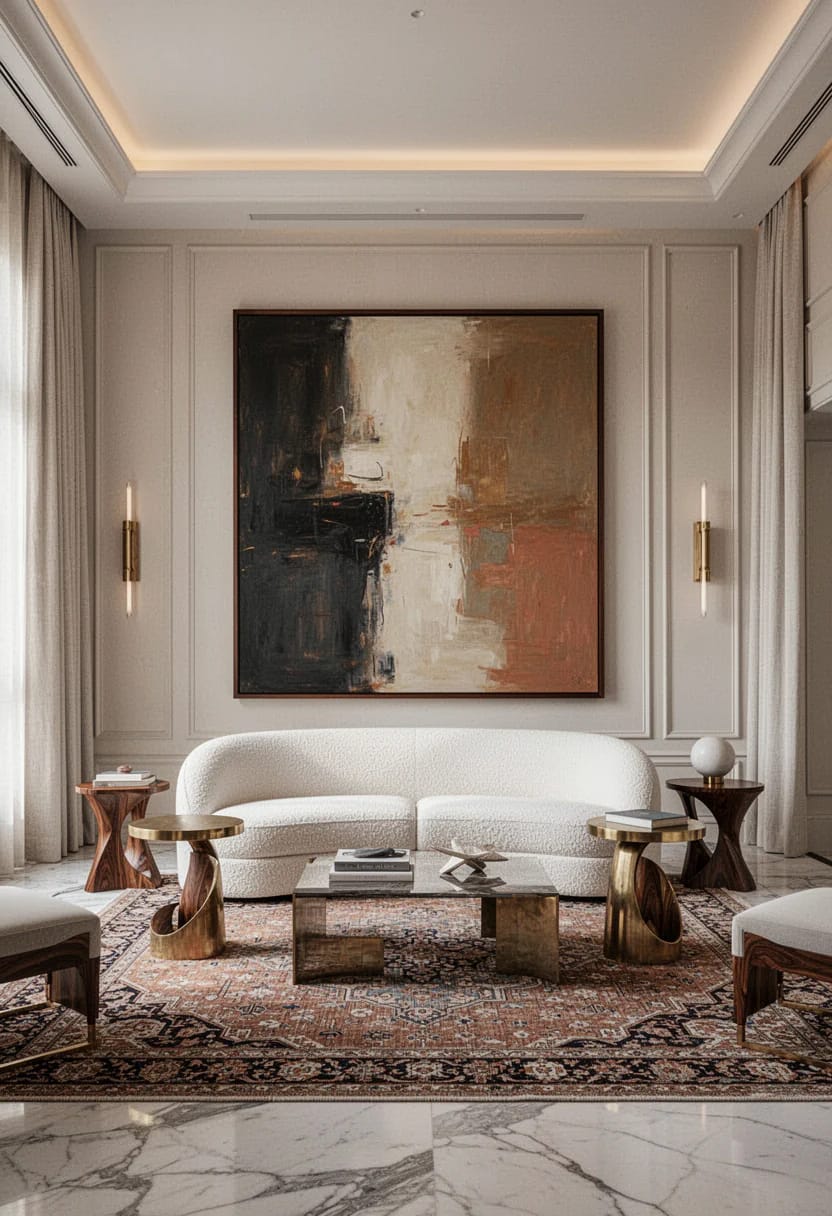 Elegant rich living room with a large abstract painting above a curved white sofa, sculptural side tables, a central coffee table, patterned rug, wall sconces, and floor-to-ceiling curtains, illustrating how scale shapes an expensive-looking design