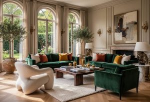 10 Rich Living Room Ideas That Actually Read Expensive 1 Elegant rich living room with deep green velvet sofas and armchairs, colorful accent pillows, a wood coffee table, arched windows with curtains, wall sconces, artwork above a fireplace, and potted trees