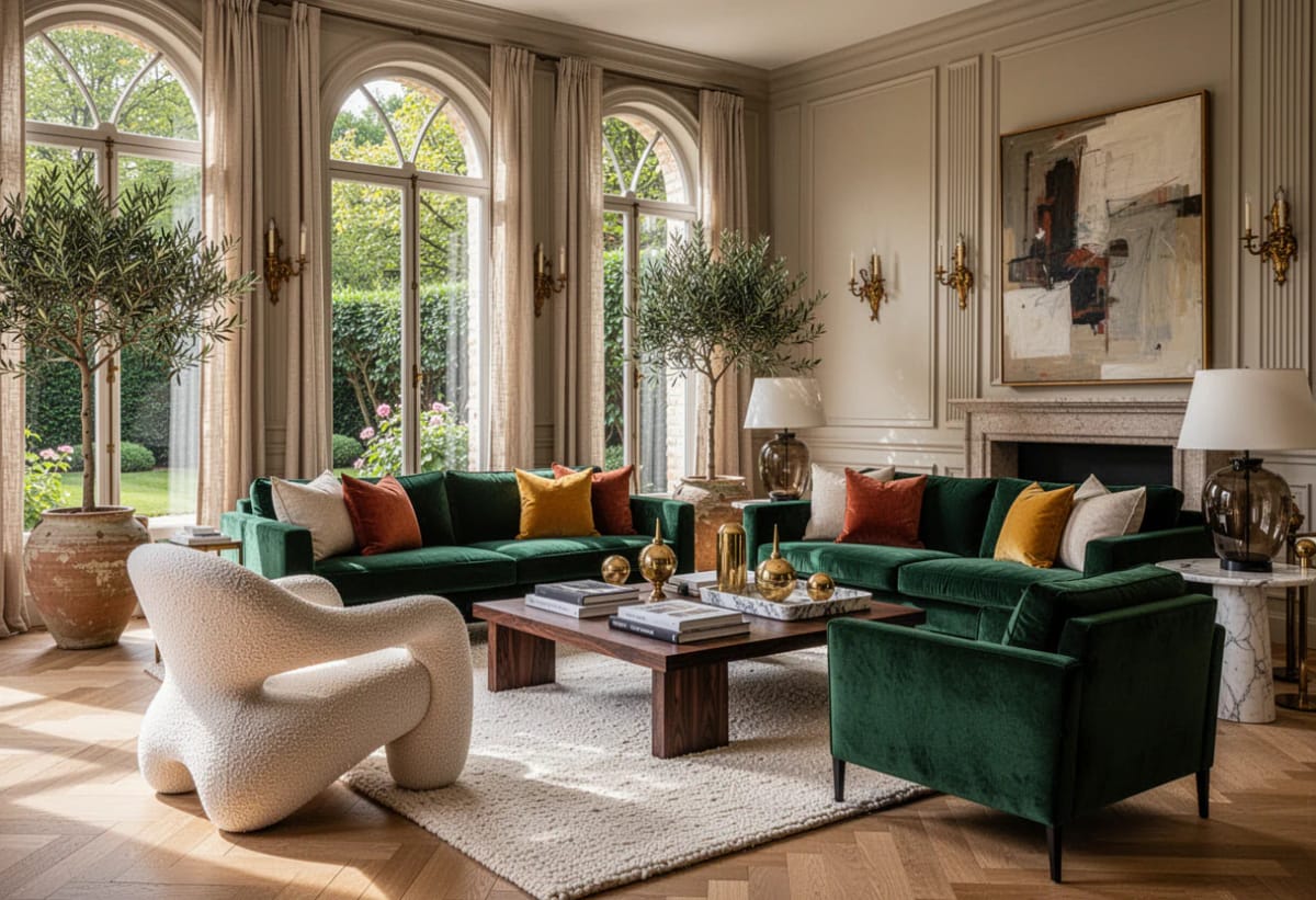 Elegant rich living room with deep green velvet sofas and armchairs, colorful accent pillows, a wood coffee table, arched windows with curtains, wall sconces, artwork above a fireplace, and potted trees