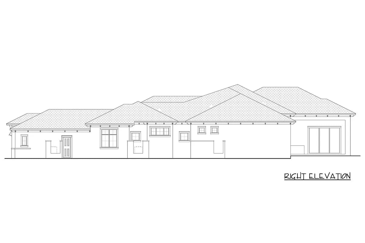 Right-side architectural elevation with intersecting hip roofs, varied windows, and a large glazed opening