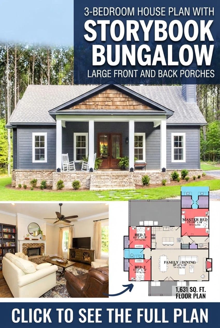 Storybook Bungalow 3-Bedroom House Plan Collage showing a Storybook bungalow exterior with a large covered porch, a living room interior, and a labeled 1,631-square-foot floor plan with three bedrooms