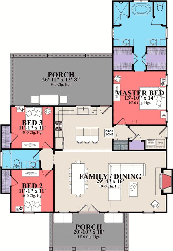Storybook Bungalow Three-Bedroom Floor Plan Labeled architectural floor plan for a storybook bungalow with three bedrooms, a central family and dining area, kitchen, bathrooms, and large front and back porches.